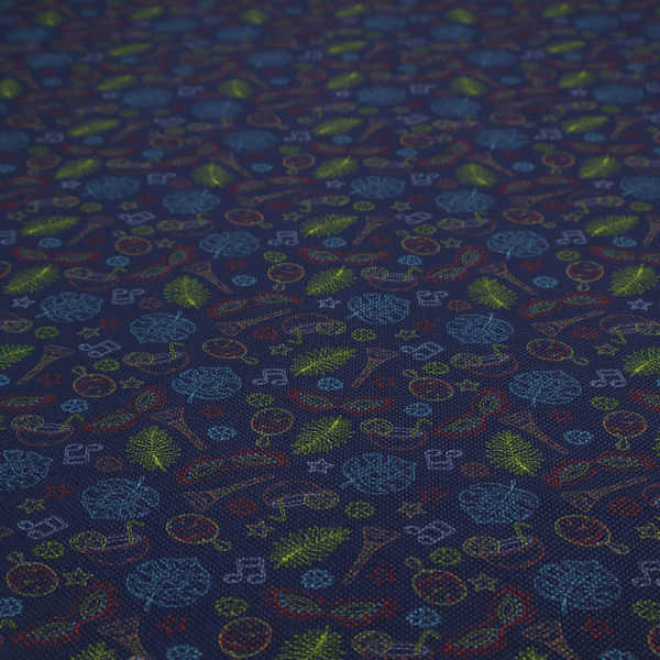 A repeating pattern of festive party and carnival-themed outlined icons including masquerade masks, maracas, cocktails, musical notes, palm fronds, and stars on a dark navy blue background.