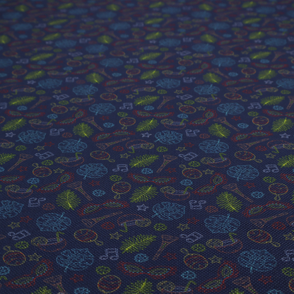 A repeating pattern of festive party and carnival-themed outlined icons including masquerade masks, maracas, cocktails, musical notes, palm fronds, and stars on a dark navy blue background.