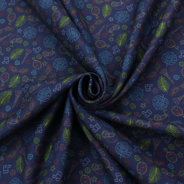 A repeating pattern of festive party and carnival-themed outlined icons including masquerade masks, maracas, cocktails, musical notes, palm fronds, and stars on a dark navy blue background.