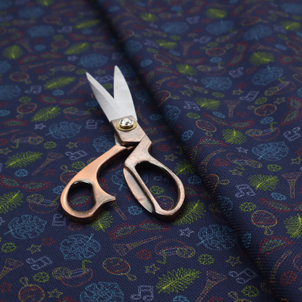 A repeating pattern of festive party and carnival-themed outlined icons including masquerade masks, maracas, cocktails, musical notes, palm fronds, and stars on a dark navy blue background.