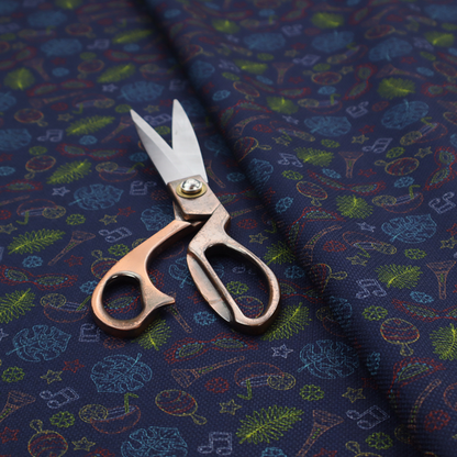 A repeating pattern of festive party and carnival-themed outlined icons including masquerade masks, maracas, cocktails, musical notes, palm fronds, and stars on a dark navy blue background.