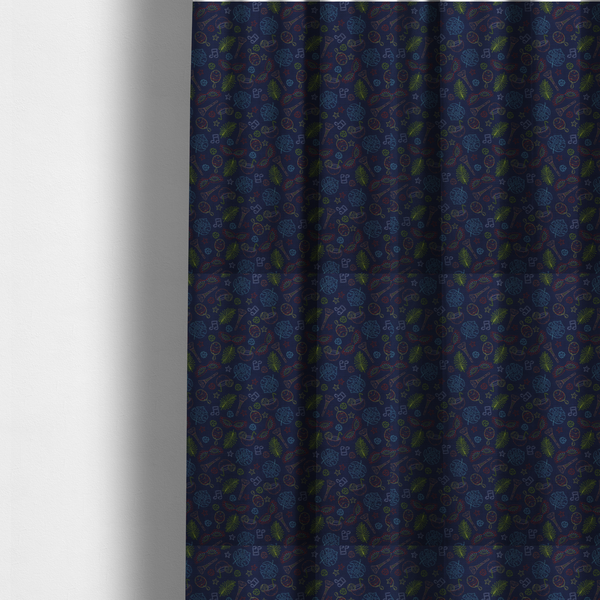 The fabric used to create these made-to-measure curtains is a repeating pattern of festive party and carnival-themed outlined icons including masquerade masks, maracas, cocktails, musical notes, palm fronds, and stars on a dark navy blue background.