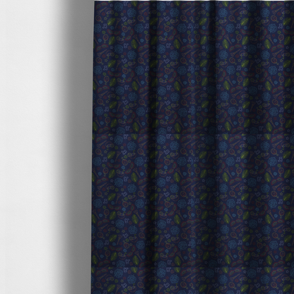 The fabric used to create these made-to-measure curtains is a repeating pattern of festive party and carnival-themed outlined icons including masquerade masks, maracas, cocktails, musical notes, palm fronds, and stars on a dark navy blue background.