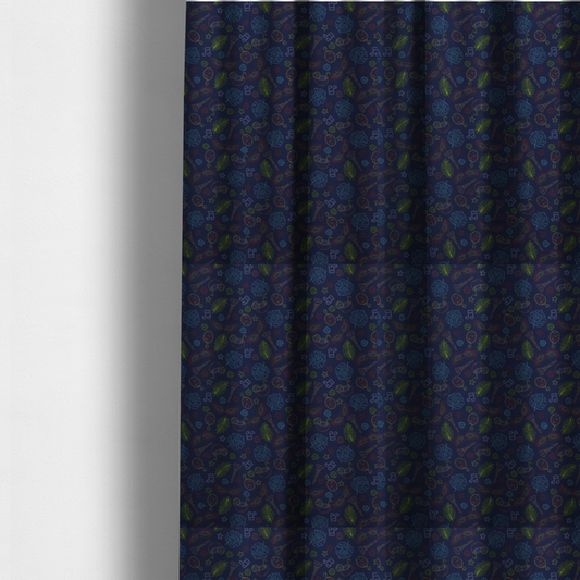 The fabric used to create these made-to-measure curtains is a repeating pattern of festive party and carnival-themed outlined icons including masquerade masks, maracas, cocktails, musical notes, palm fronds, and stars on a dark navy blue background.