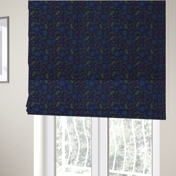 The fabric used to create these Roman blinds is a repeating pattern of festive party and carnival-themed outlined icons including masquerade masks, maracas, cocktails, musical notes, palm fronds, and stars on a dark navy blue background.