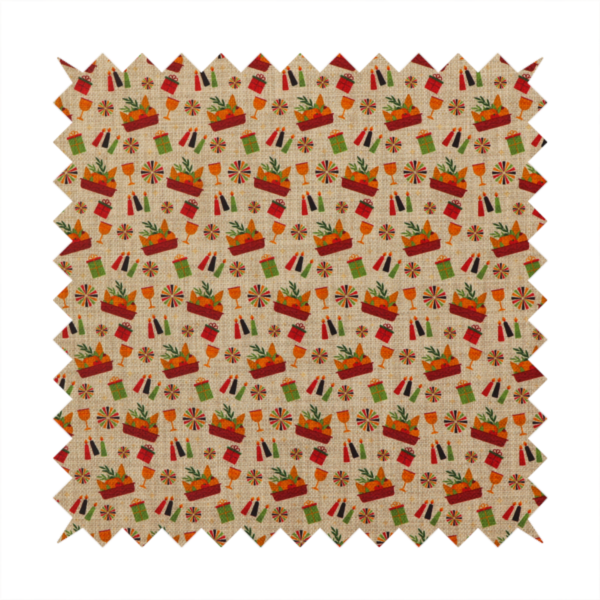 A repeating pattern of festive celebration icons including baskets filled with greenery, candles, wrapped gifts, goblets, and decorative pinwheels on a textured tan background.
