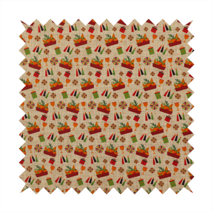 A repeating pattern of festive celebration icons including baskets filled with greenery, candles, wrapped gifts, goblets, and decorative pinwheels on a textured tan background.