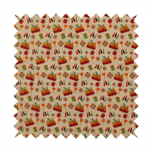 A repeating pattern of festive celebration icons including baskets filled with greenery, candles, wrapped gifts, goblets, and decorative pinwheels on a textured tan background.