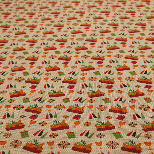 A repeating pattern of festive celebration icons including baskets filled with greenery, candles, wrapped gifts, goblets, and decorative pinwheels on a textured tan background.