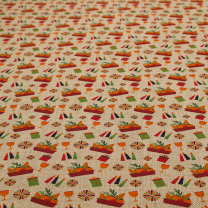 A repeating pattern of festive celebration icons including baskets filled with greenery, candles, wrapped gifts, goblets, and decorative pinwheels on a textured tan background.