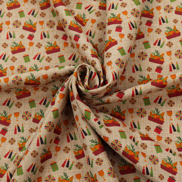 A repeating pattern of festive celebration icons including baskets filled with greenery, candles, wrapped gifts, goblets, and decorative pinwheels on a textured tan background.