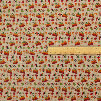 A repeating pattern of festive celebration icons including baskets filled with greenery, candles, wrapped gifts, goblets, and decorative pinwheels on a textured tan background.