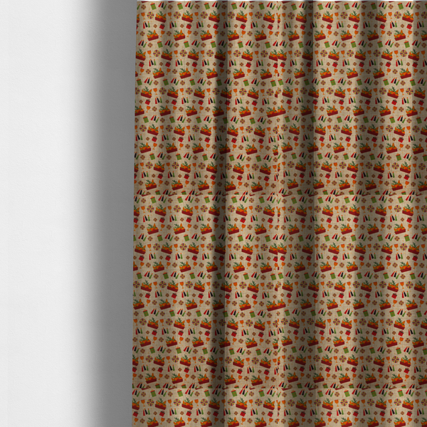 The fabric used to create these made-to-measure curtains is a repeating pattern of festive celebration icons including baskets filled with greenery, candles, wrapped gifts, goblets, and decorative pinwheels on a textured tan background.
