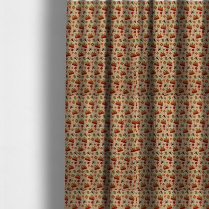 The fabric used to create these made-to-measure curtains is a repeating pattern of festive celebration icons including baskets filled with greenery, candles, wrapped gifts, goblets, and decorative pinwheels on a textured tan background.