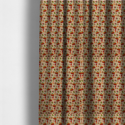 The fabric used to create these made-to-measure curtains is a repeating pattern of festive celebration icons including baskets filled with greenery, candles, wrapped gifts, goblets, and decorative pinwheels on a textured tan background.