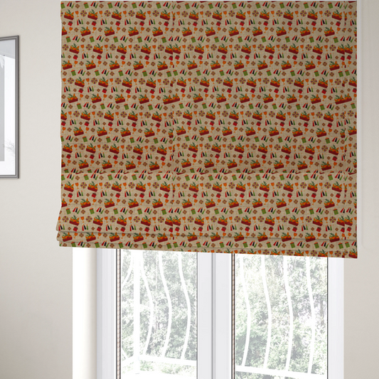 The fabric used to create these Roman blinds is a repeating pattern of festive celebration icons including baskets filled with greenery, candles, wrapped gifts, goblets, and decorative pinwheels on a textured tan background.