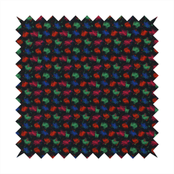 A textured tweed-style fabric featuring a dark background interwoven with dense specks of vibrant red, green, and blue flecks.