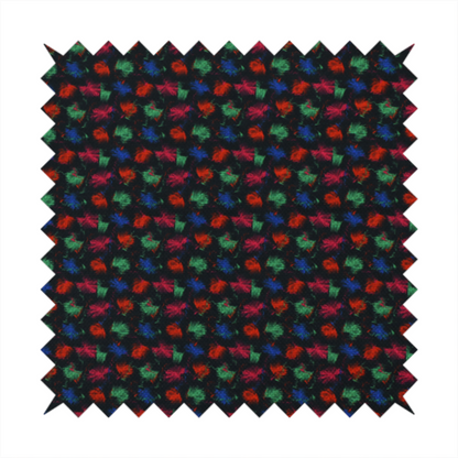 A textured tweed-style fabric featuring a dark background interwoven with dense specks of vibrant red, green, and blue flecks.