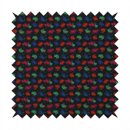 A textured tweed-style fabric featuring a dark background interwoven with dense specks of vibrant red, green, and blue flecks.