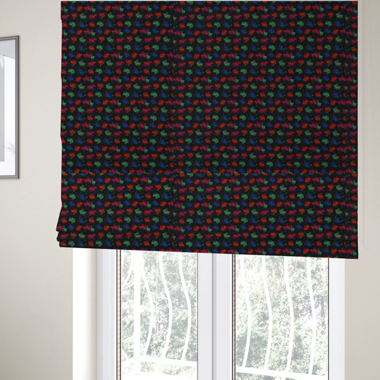 The fabric used to create these Roman blinds is a textured tweed-style fabric featuring a dark background interwoven with dense specks of vibrant red, green, and blue flecks.