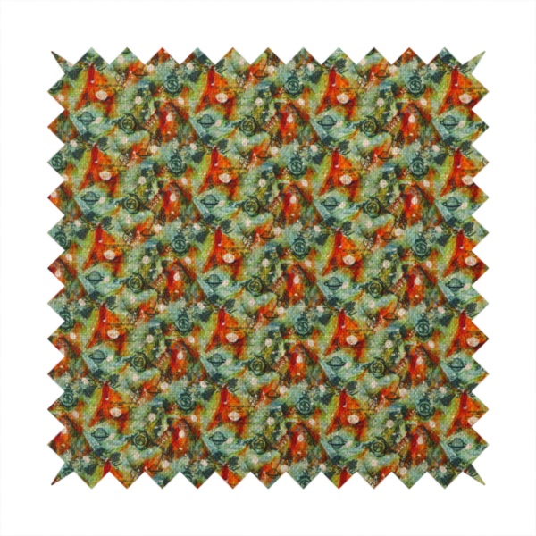 A dense, abstract geometric pattern featuring interconnected triangular shapes and circular motifs in shades of green, orange, red, and teal.