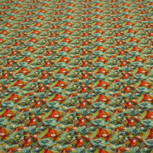 A dense, abstract geometric pattern featuring interconnected triangular shapes and circular motifs in shades of green, orange, red, and teal.
