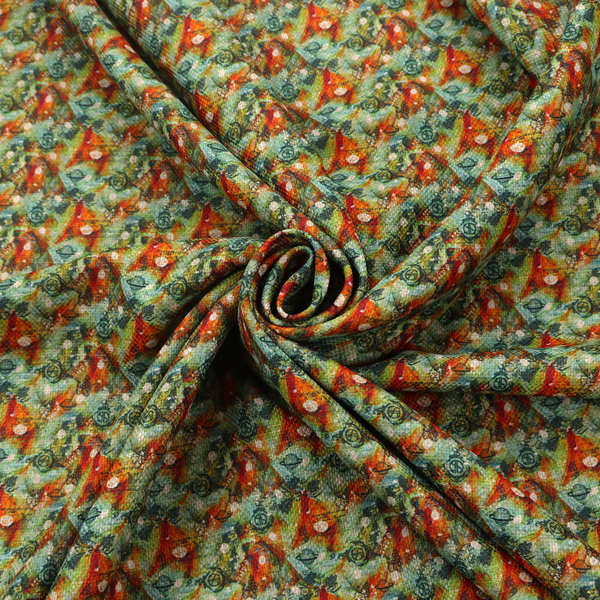 A dense, abstract geometric pattern featuring interconnected triangular shapes and circular motifs in shades of green, orange, red, and teal.
