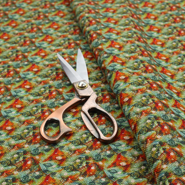 A dense, abstract geometric pattern featuring interconnected triangular shapes and circular motifs in shades of green, orange, red, and teal.
