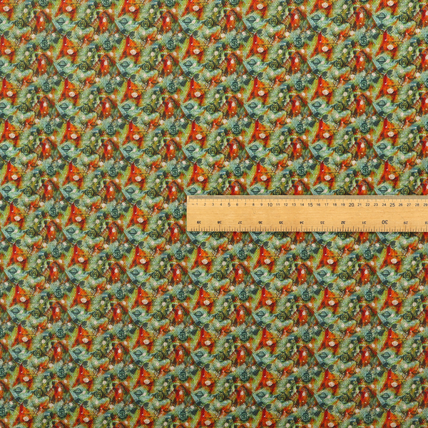 A dense, abstract geometric pattern featuring interconnected triangular shapes and circular motifs in shades of green, orange, red, and teal.