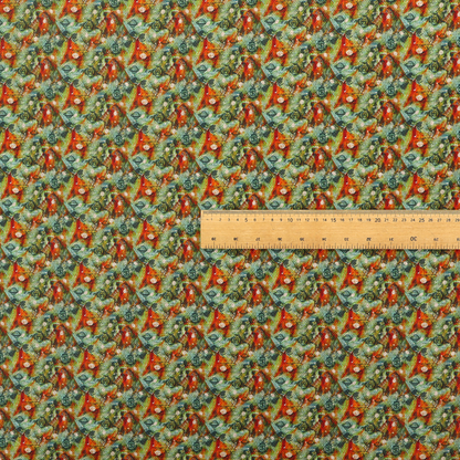 A dense, abstract geometric pattern featuring interconnected triangular shapes and circular motifs in shades of green, orange, red, and teal.