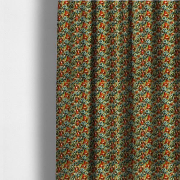 The fabric used to create these made-to-measure curtains is a dense, abstract geometric pattern featuring interconnected triangular shapes and circular motifs in shades of green, orange, red, and teal.