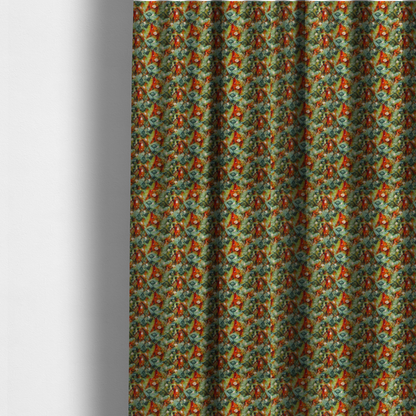 The fabric used to create these made-to-measure curtains is a dense, abstract geometric pattern featuring interconnected triangular shapes and circular motifs in shades of green, orange, red, and teal.