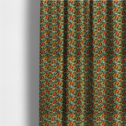 The fabric used to create these made-to-measure curtains is a dense, abstract geometric pattern featuring interconnected triangular shapes and circular motifs in shades of green, orange, red, and teal.