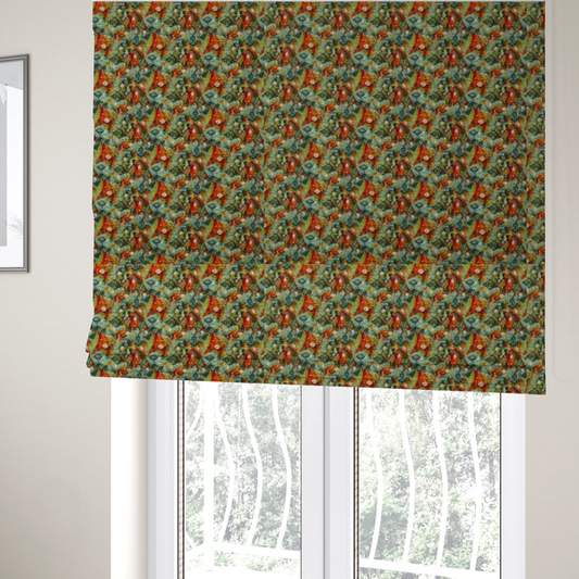 The fabric used to create these Roman blinds is a dense, abstract geometric pattern featuring interconnected triangular shapes and circular motifs in shades of green, orange, red, and teal.
