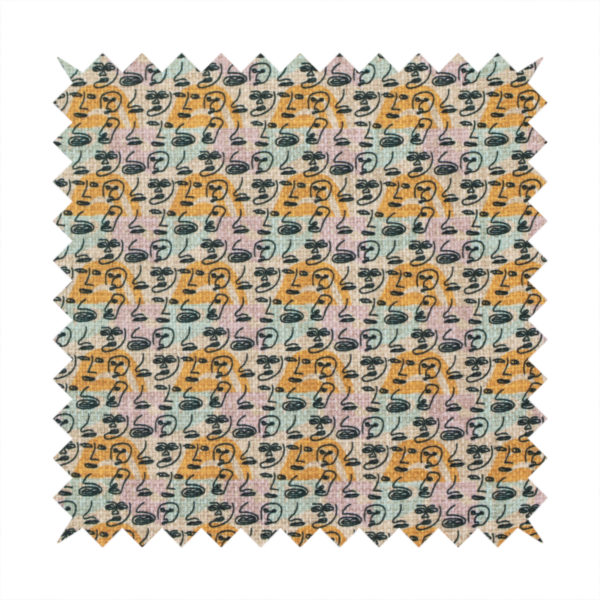 A continuous all-over pattern featuring minimalist line-drawn human faces and profiles arranged in rows over soft horizontal stripes of yellow, pink, and pale green.