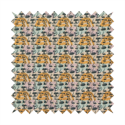A continuous all-over pattern featuring minimalist line-drawn human faces and profiles arranged in rows over soft horizontal stripes of yellow, pink, and pale green.