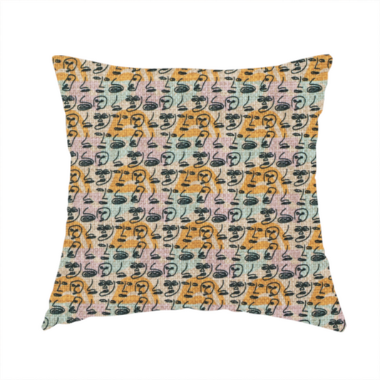 The fabric used to create this handmade cushion is a continuous all-over pattern featuring minimalist line-drawn human faces and profiles arranged in rows over soft horizontal stripes of yellow, pink, and pale green.