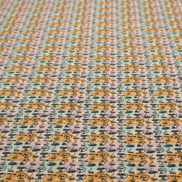 A continuous all-over pattern featuring minimalist line-drawn human faces and profiles arranged in rows over soft horizontal stripes of yellow, pink, and pale green.