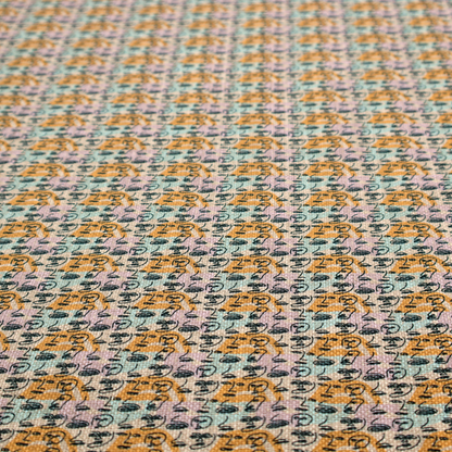 A continuous all-over pattern featuring minimalist line-drawn human faces and profiles arranged in rows over soft horizontal stripes of yellow, pink, and pale green.