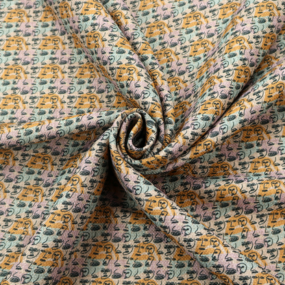 A continuous all-over pattern featuring minimalist line-drawn human faces and profiles arranged in rows over soft horizontal stripes of yellow, pink, and pale green.