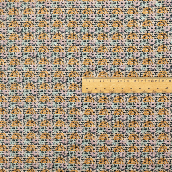 A continuous all-over pattern featuring minimalist line-drawn human faces and profiles arranged in rows over soft horizontal stripes of yellow, pink, and pale green.