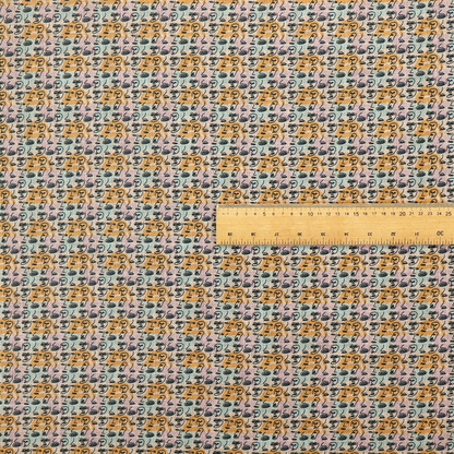 A continuous all-over pattern featuring minimalist line-drawn human faces and profiles arranged in rows over soft horizontal stripes of yellow, pink, and pale green.