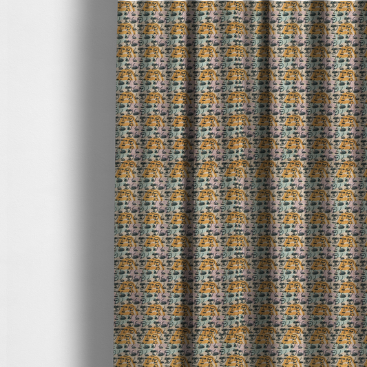 The fabric used to create these made-to-measure curtains is a continuous all-over pattern featuring minimalist line-drawn human faces and profiles arranged in rows over soft horizontal stripes of yellow, pink, and pale green.