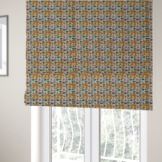 The fabric used to create these Roman blinds is a continuous all-over pattern featuring minimalist line-drawn human faces and profiles arranged in rows over soft horizontal stripes of yellow, pink, and pale green.