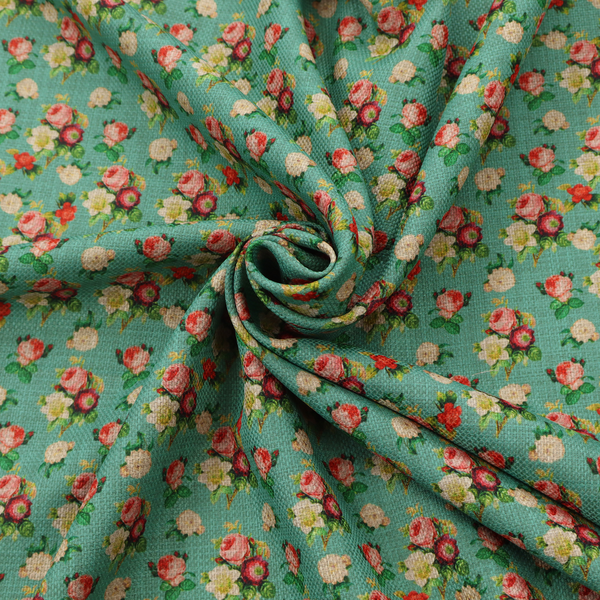 A charming repeating pattern of small bouquets featuring pink and red roses paired with white blossoms and green leaves set against a textured teal background.