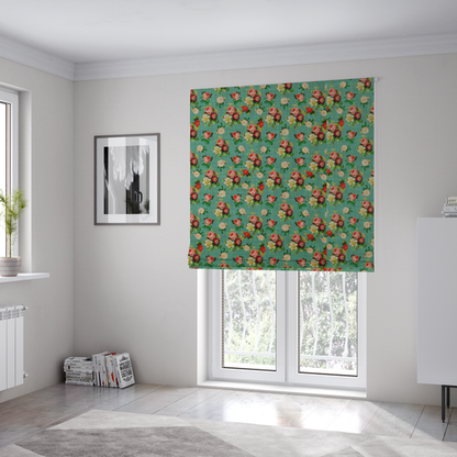 The fabric used to create these Roman blinds is a charming repeating pattern of small bouquets featuring pink and red roses paired with white blossoms and green leaves set against a textured teal background.
