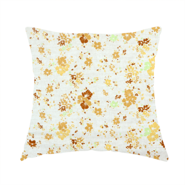 The fabric used to create this handmade cushion is a delicate, ditsy floral repeating pattern on an off-white background featuring small clusters of flowers and leaves in shades of yellow, gold, brown, and pale green.