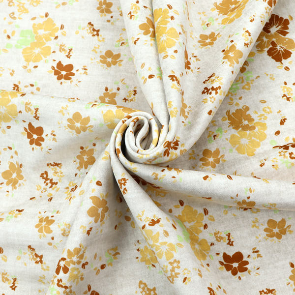 A delicate, ditsy floral repeating pattern on an off-white background featuring small clusters of flowers and leaves in shades of yellow, gold, brown, and pale green.