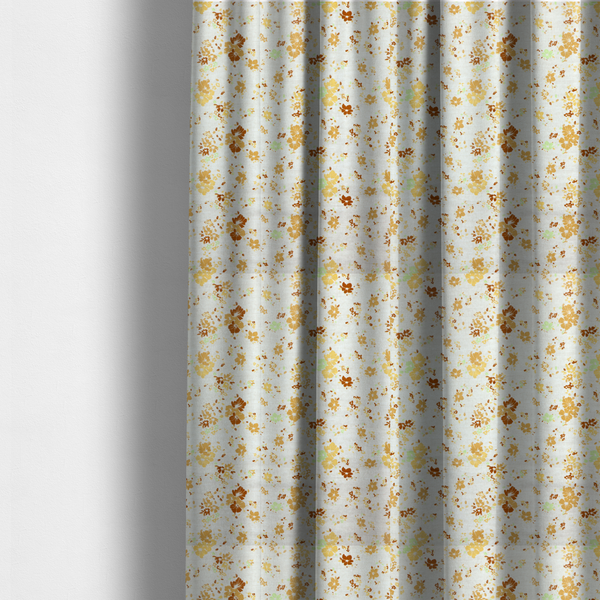 The fabric used to create these made-to-measure curtains is a delicate, ditsy floral repeating pattern on an off-white background featuring small clusters of flowers and leaves in shades of yellow, gold, brown, and pale green.