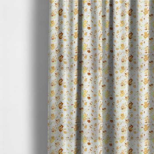 The fabric used to create these made-to-measure curtains is a delicate, ditsy floral repeating pattern on an off-white background featuring small clusters of flowers and leaves in shades of yellow, gold, brown, and pale green.